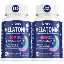Melatonin 40 mg for Adults - Fast Dissolve & Chewable Sublingual Sleep Supplement - Extra Strength Melatonin with Vitamin D3 & MSM, Selenium for Health Rest Cycle, Deep Zzzs, Sugar-Free, 180 Servings