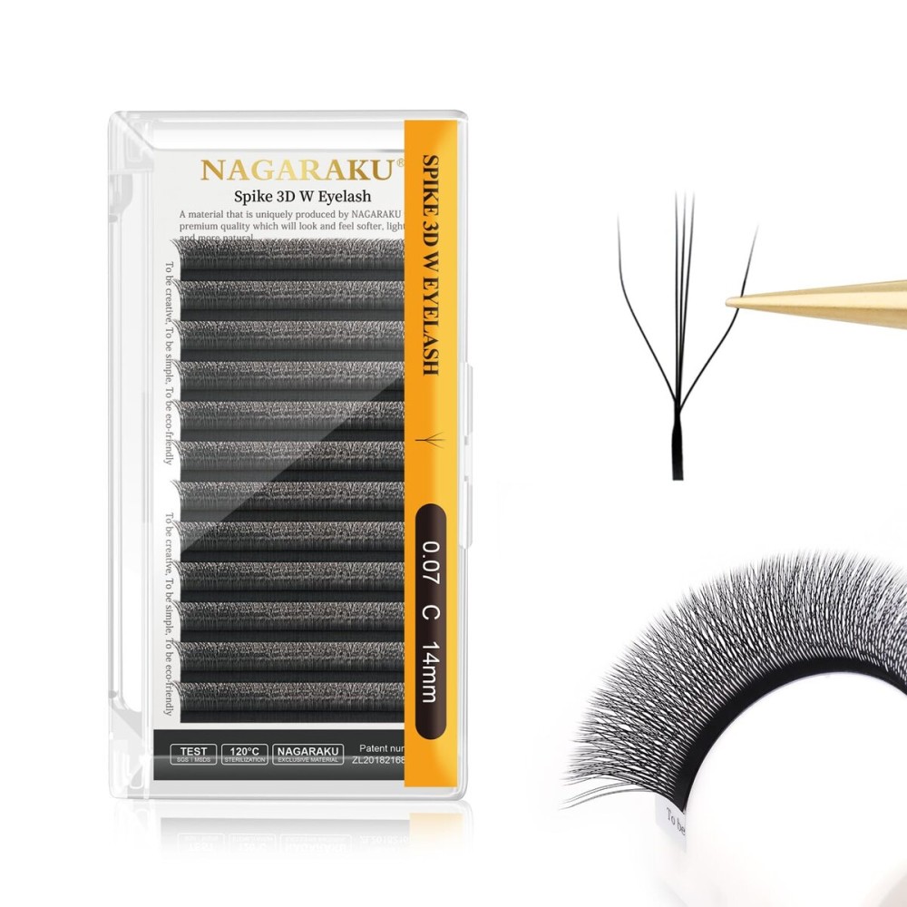 NAGARAKU Eyelash Extensions Cluster 3D W Shape Triple-core Volume Lashes Hand Woven Long Stem 0.07mm C Curl 14mm Matte Black Premade Fans Triple Tips False Eye Lash Extension
