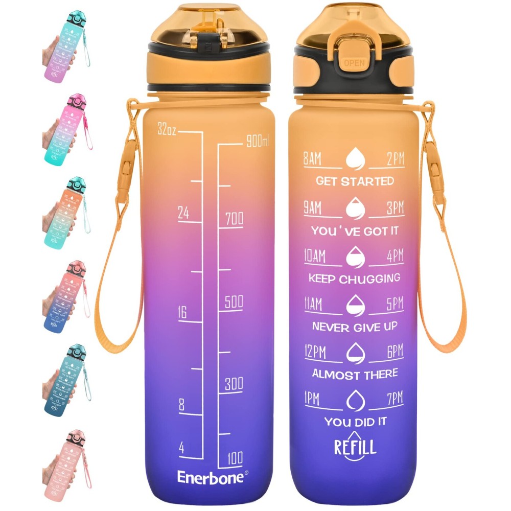 Enerbone 32 oz Water Bottle with Times to Drink and Straw, Motivational Drinking Water Bottles with Carrying Strap, Leakproof BPA & Toxic Free, Ensure You Drink Enough Water for Fitness Gym Outdoor