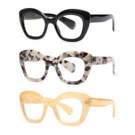 JM 3 Pack Oversized Cat Eye Reading Glasses for Women Funky Blue Light Flexible Cateye Readers +2.25