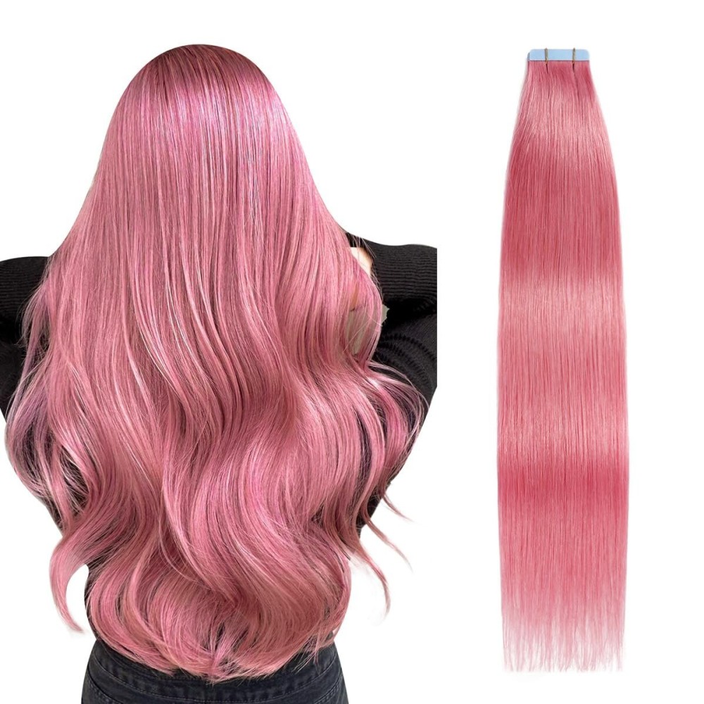 SUYYA Tape in Hair Extensions Human Hair - Hot Pink, 20 Inch, 10PCS/Pack, Straight, 25g