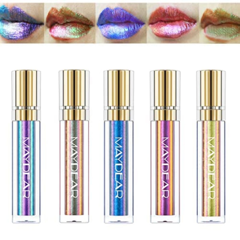 Maydear Chameleon Lipstick 5 Colors Set, Long Lasting Waterproof Colourful Diamond Shimmer Lip Gloss for Women Girls Makeup kit