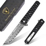 AUBEY Damascus Pocket Knife with Clip, Tanto Blade Damascus Steel Folding Knives for Men Tactical, Aluminum Handle with Glass Breaker for EDC Camping Gift