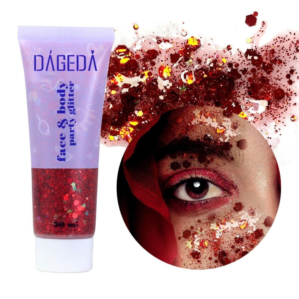 DAGEDA Body Glitter Gel, Face Glitters Body Gel Sequins Shimmer Liquid Eyeshadow, Chunky Glitter for Face Hair Nails, Holographic Cosmetic Laser Powder Festival Glitter Makeup 50ml(Red)