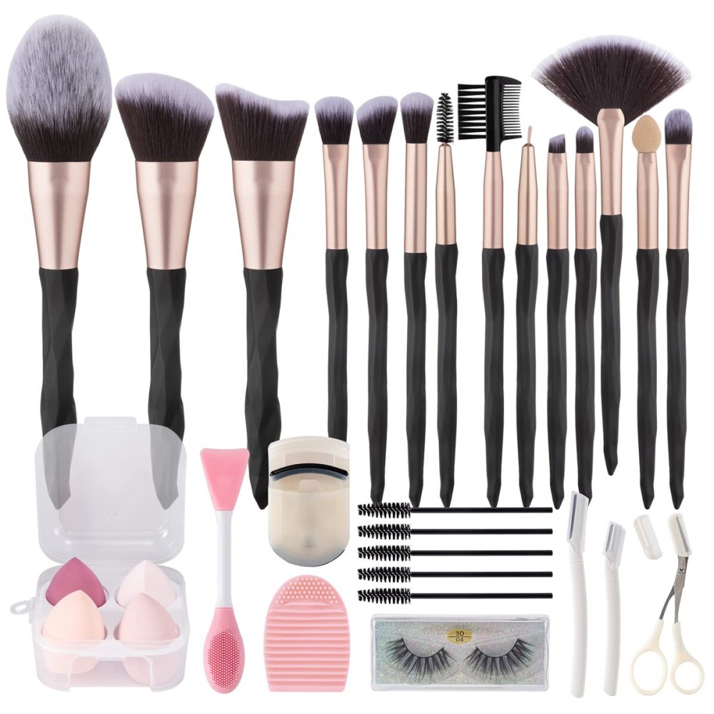 111 30Pcs Black makeup brushes and makeup sponges makeup tool set makeup brushes set natural synthetic eye shadow foundation make-up facial mixed powder blusher concealer eye makeup brush set