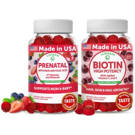 Lunakai Prenatal and Biotin Gummies Bundle - Pregnancy Multivitamin Gummy with Iron & Folic Acid - Hair Skin and Nails Growth Supplement with Vitamin C and E - 30 Days Supply