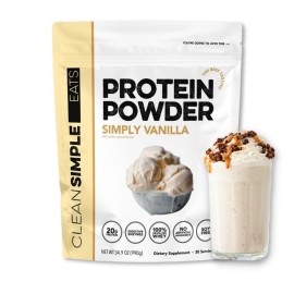 Clean Simple Eats Whey Protein Powder, Simply Vanilla Flavor Naturally Sweetened, 100% Grass Fed Protein Powder with Digestive Enzymes & No Artificial Ingredients, Gluten Free, 30 Servings