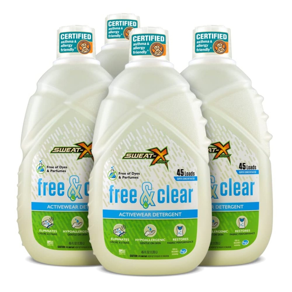 Sweat X Free & Clear Activewear Laundry Detergent - Certified Asthma & Allergy Friendly - Hypoallergenic - Removes Toughest Stains & Odors - High-Performance Sports Wash - 45 Loads/Bottle - 4 Pack