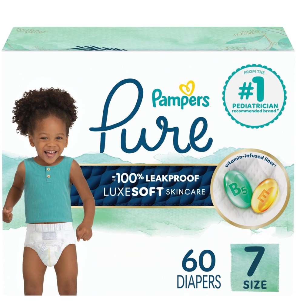 Pampers Baby Diapers - Pure Protection - Size 7, 60 Count, for up to 100% Leakproof, Premium Plant-based Skin Protection