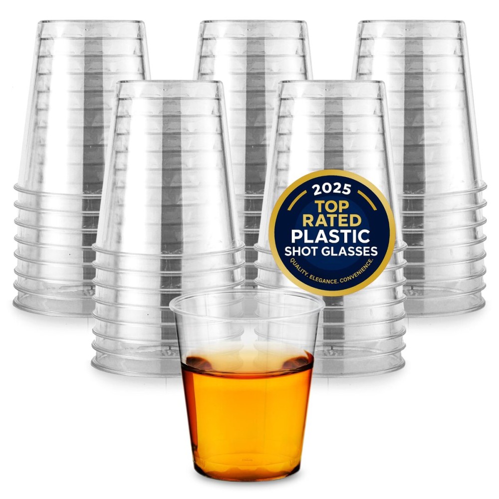 1.5 oz Shot Glasses - 100 Mini Plastic Shot Glasses (1.5oz) Clear Disposable Cups for Jello Shots, Wine Tasting, Liquor, Whiskey, Pudding, Sample Cup for Halloween and Elegant Partiest
