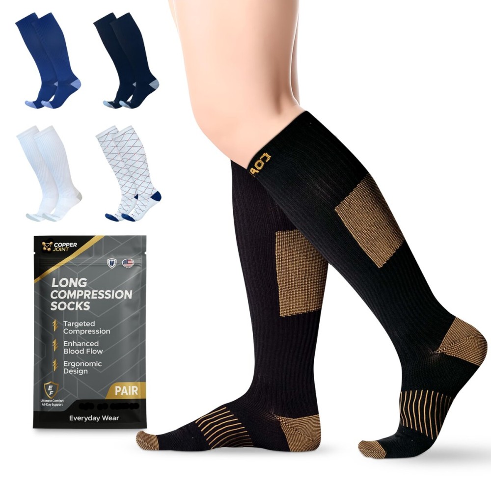 CopperJoint Copper Compression Socks Women Knee High, Easy On Wide Calf-Compression Socks Men for Circulation, for Women & Nurses, Support Sock, Running, Basketball, Travel, Sports - 4X-Large 1 Pair