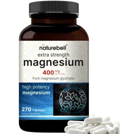 NatureBell Magnesium Glycinate 400mg Elemental, 270 Capsules | 100% Chelated for High Absorption | Supports Muscle, Bone & Heart Health | Non-GMO, Gluten-Free, Vegan