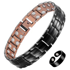 Feraco Men\'s Copper Magnetic Bracelet and Ring Elegant 99.99% Solid Copper Bracelets with Double-Row Strong Magnets, Magnetic Field Therapy Jewelry(Black)