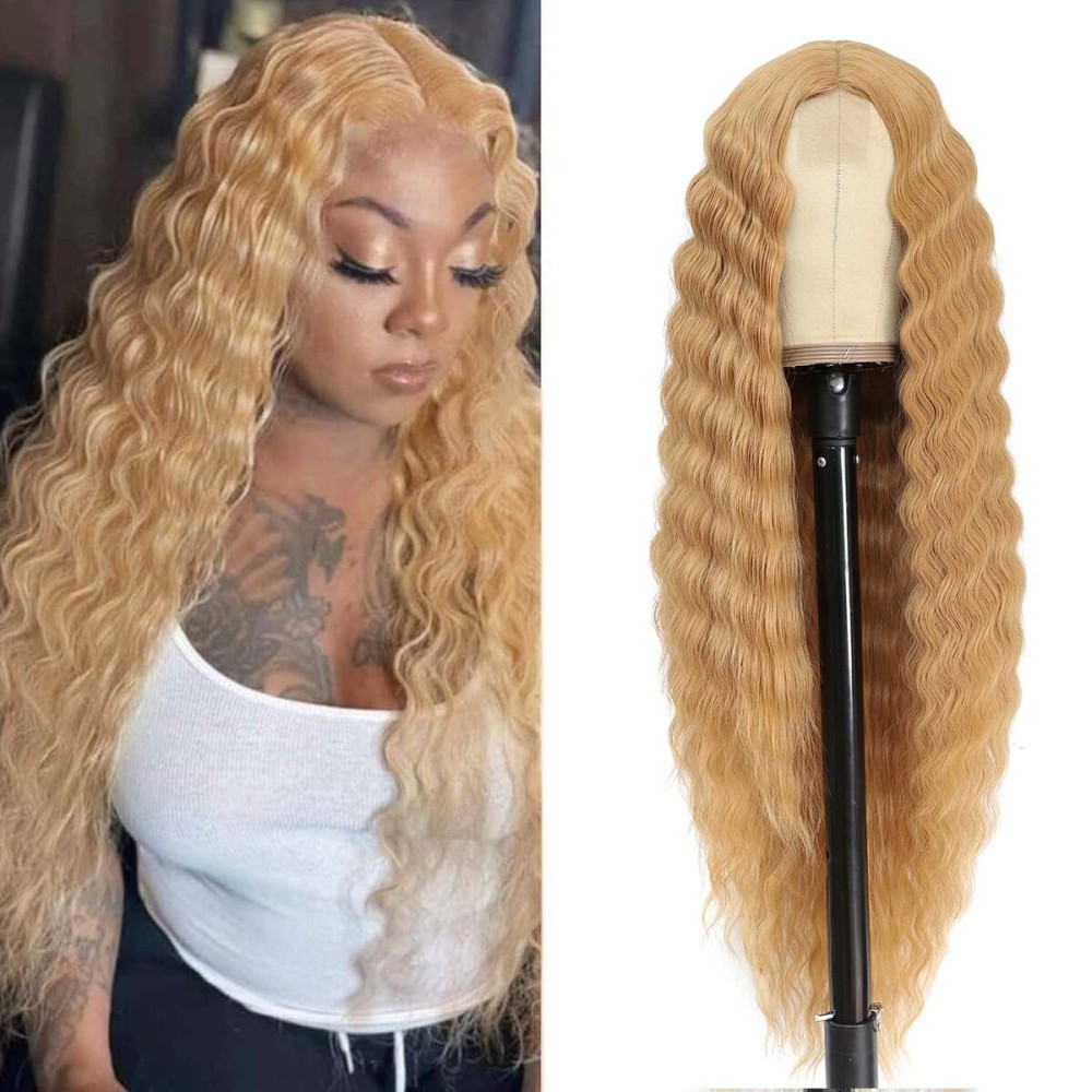 INSTASTYLE Honey Blonde Wig 30 Inch Synthetic Wig Loose Deep Wave Lace Front Curly Wigs for Women Long Wigs for Women Natural Crimps Curls (Honey Blonde)