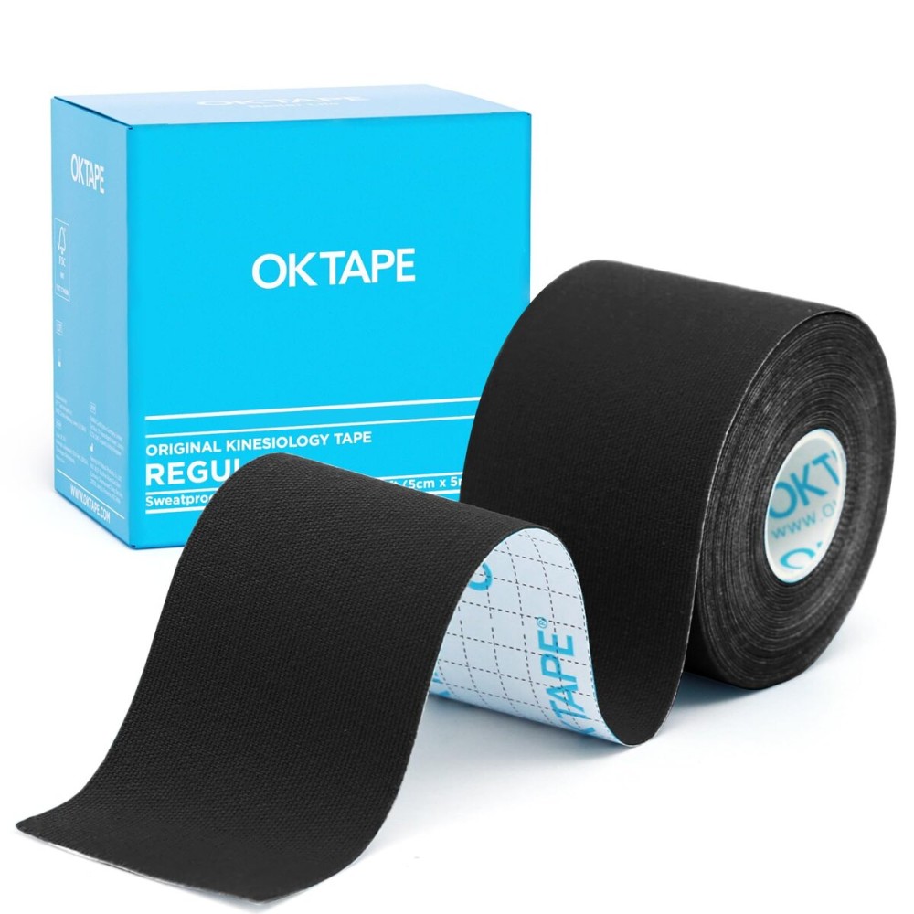 OK TAPE Kinesiology Tape, Regular Original Cotton Elastic Athletic Tape for Support and Recovery, Sports Tape, 2in16.4ft Uncut Roll - Black