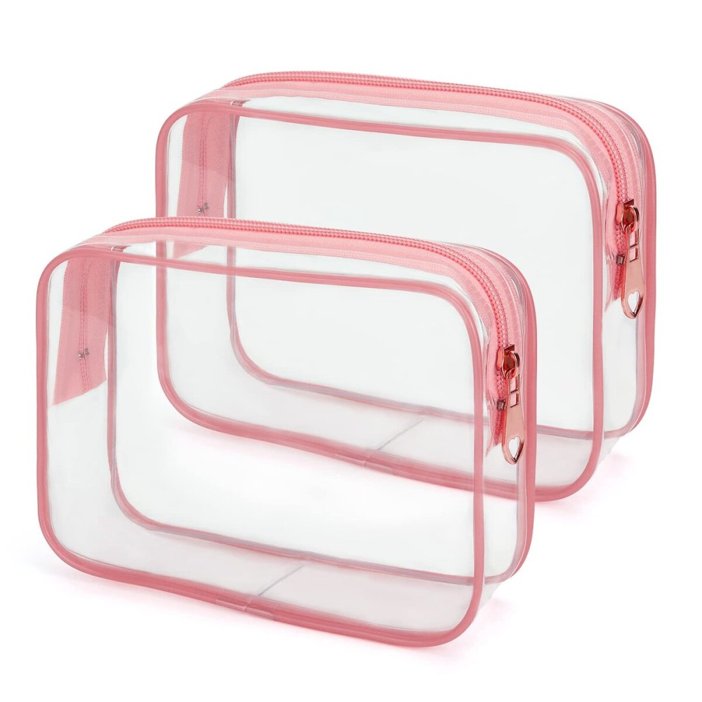 Wedama TSA Approved Toiletry Bag, Cosmetic Bags 2 Pack with Zipper Carry on Airline Airport Travel Accessories, PVC Makeup Bags for Travel, Quart Size Travel Bags for Men and Women-Pink