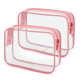 Wedama TSA Approved Toiletry Bag, Cosmetic Bags 2 Pack with Zipper Carry on Airline Airport Travel Accessories, PVC Makeup Bags for Travel, Quart Size Travel Bags for Men and Women-Pink