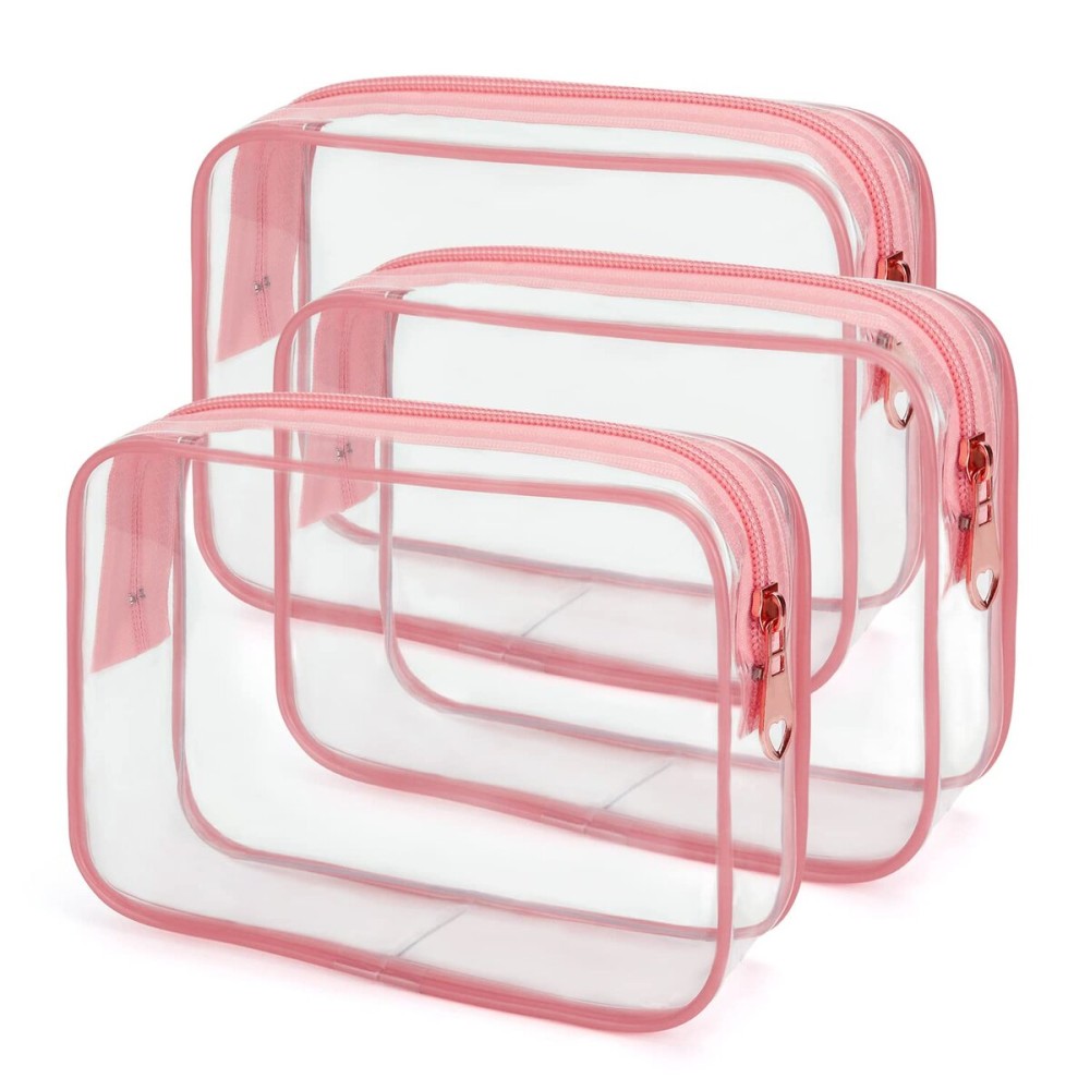 Wedama TSA Approved Toiletry Bag, Cosmetic Bags 3 Pack with Zipper Carry on Airline Airport Travel Accessories, PVC Makeup Bags for Travel, Quart Size Travel Bags for Men and Women-Pink