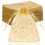 Staruby Organza Gift Bags 100Pcs Gold Sheer Organza Bag 5x7 Inch Mesh Favor Bags Drawstring Jewelry Rattan Printed Gift Pouches for Wedding Party Favors Couple Shower Christmas Gifts Candy Bags