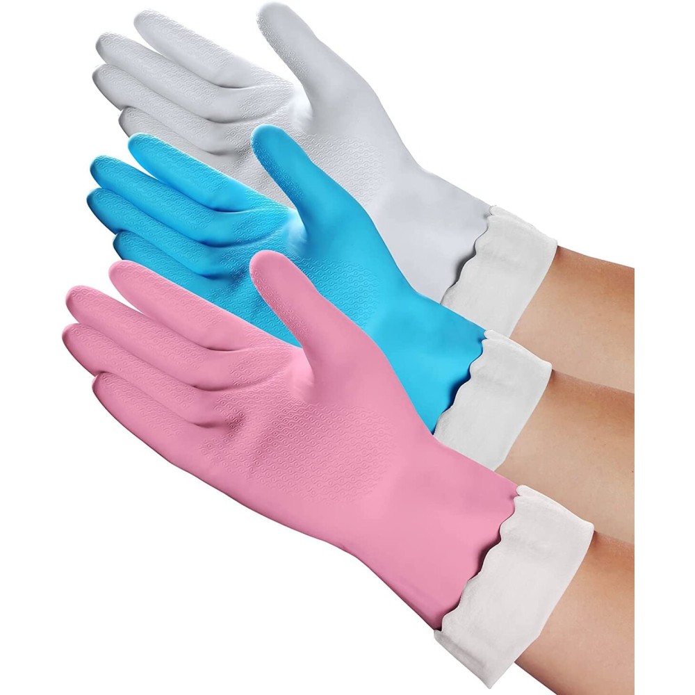 HSL Household Cleaning Gloves - Reusable Kitchen Dishwashing Gloves with Latex Free, Cotton lining, Waterproof, Non-Slip (Small, 3 Pairs)