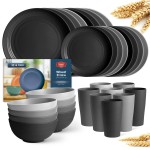 Teivio 32-Piece Kitchen Plastic Wheat Straw Dinnerware Set, Service for 8, Dinner Plates, Dessert Plate, Cereal Bowls, Cups, Unbreakable Colorful Plastic Outdoor Camping Dishes, Gray Ombre