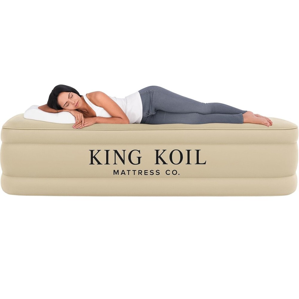 King Koil Luxury Queen Size Air Mattress with High-Speed Built-in Pump, Blow Up Bed Top Side Flocking, Puncture Resistant, 16in Double High Inflatable Airbed Guests or Travel 1-Year Warranty