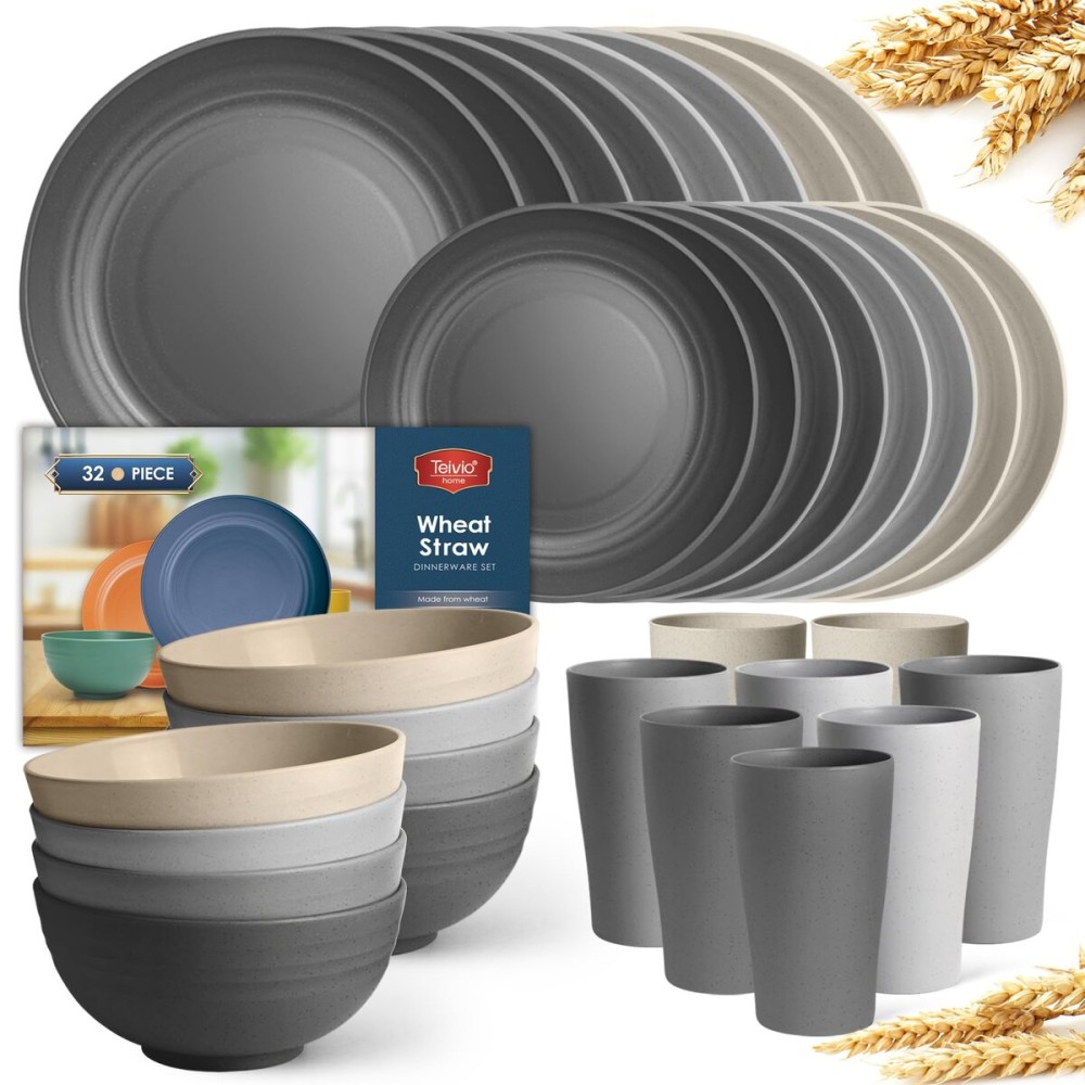 Teivio 32-Piece Kitchen Plastic Wheat Straw Dinnerware Set, Service for 8, Dinner Plates, Dessert Plate, Cereal Bowls, Cups, Unbreakable Colorful Plastic Outdoor Camping Dishes, Gray Stone