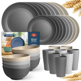 Teivio 32-Piece Kitchen Plastic Wheat Straw Dinnerware Set, Service for 8, Dinner Plates, Dessert Plate, Cereal Bowls, Cups, Unbreakable Colorful Plastic Outdoor Camping Dishes, Gray Stone