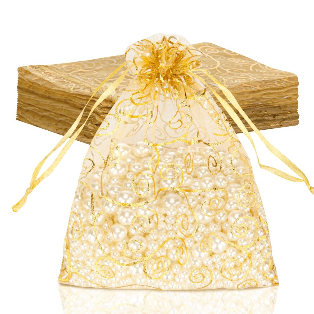 Staruby Organza Gift Bags 50 Pcs Gold Sheer Organza Bag 6x8 Inch Mesh Favor Bags Drawstring Jewelry Rattan Printed Gift Pouches for Wedding Party Favors Couple Shower Christmas Gifts Candy Bags