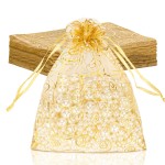 Staruby Organza Gift Bags 50 Pcs Gold Sheer Organza Bag 6x8 Inch Mesh Favor Bags Drawstring Jewelry Rattan Printed Gift Pouches for Wedding Party Favors Couple Shower Christmas Gifts Candy Bags