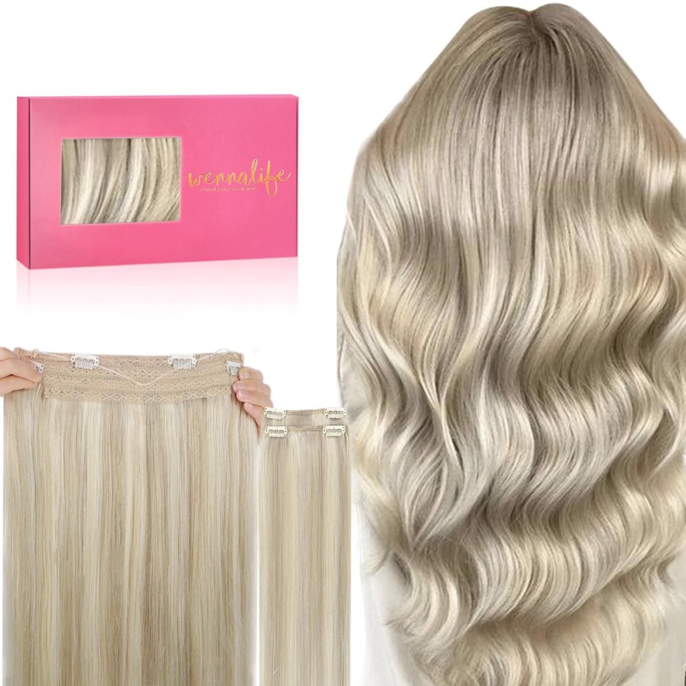 WENNALIFE Wire Hair Extensions (Increase 50% Lifespan) Real Human Hair 12 inch 100g Ash Blonde Highlighted Platinum Blonde Remy Real Hair Extensions Invisible Wire Human Hair