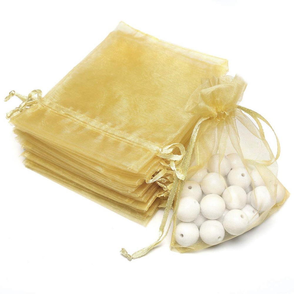 Akstore 50Pcs 3.15x4(8x10cm) Sheer Drawstring Organza Jewelry Pouches Wedding Party Christmas Favor Gift Bags (Golden, 3x4)