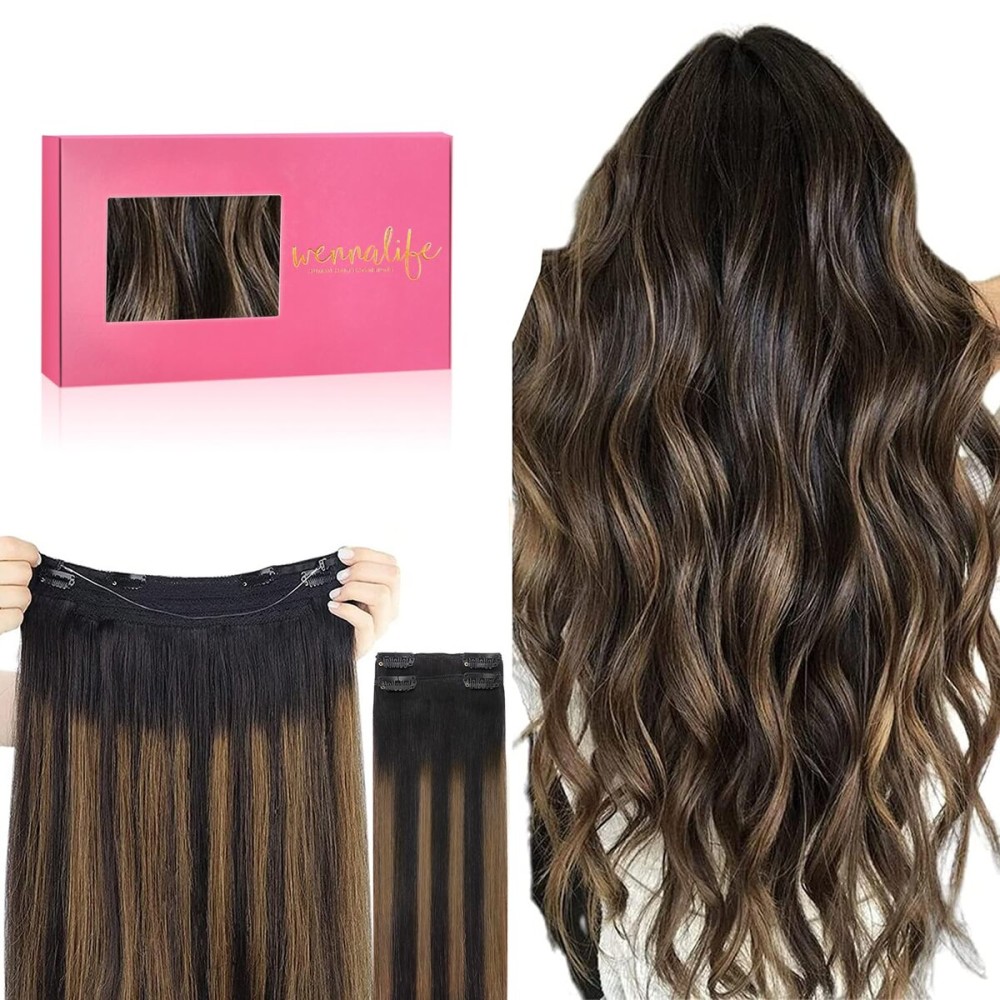 WENNALIFE Wire Hair Extensions (Increase 50% Lifespan) Real Human Hair 20 inch 140g Balayage Natural Black to Chestnut Brown Remy Real Hair Extensions Invisible Wire Human Fish Line