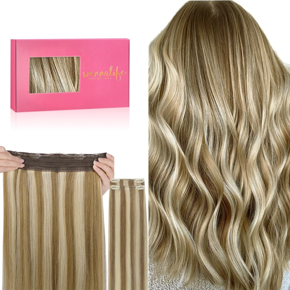 WENNALIFE Wire Hair Extensions (Increase 50% Lifespan) Real Human Hair 12 inch 100g Ash Brown with Platinum Blonde Highlights Remy Real Hair Extensions Invisible Wire Human Hair Fish Line