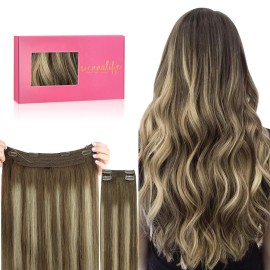 WENNALIFE Wire Hair Extensions(Increase 50% Lifespan) Real Human Hair 12 inch 100g Balayage Chocolate Brown to Honey Blonde Remy Real Hair Extensions Invisible Wire Human Hair Fish Line