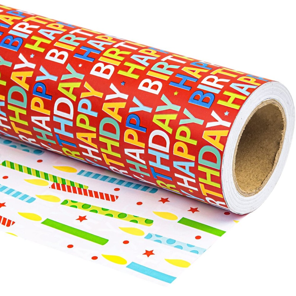 WRAPAHOLIC Reversible Birthday Wrapping Paper - Mini Roll - 17 Inch X 33 Feet - Happy Birthday Lettering on Red Design for Holiday, Party, Baby Shower