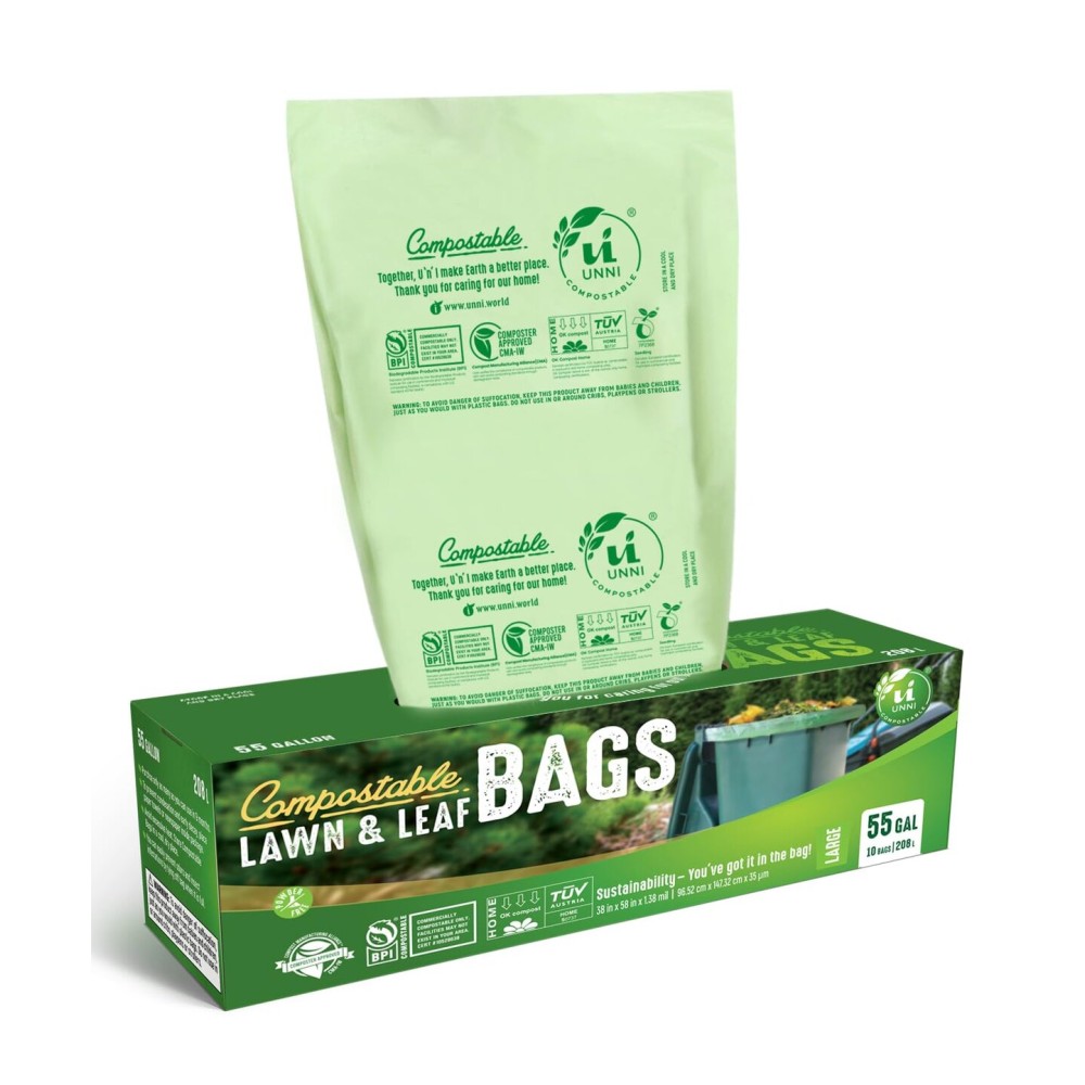 UNNI Compostable Trash Bags, 44-55 Gallon / 208 Liter, 10 Count, Extra Thick 1.38 mil Large Bin Liners for Commercial & Yard Waste, BPI, CMA & OK compost HOME Certified (Meets ASTM D6400)