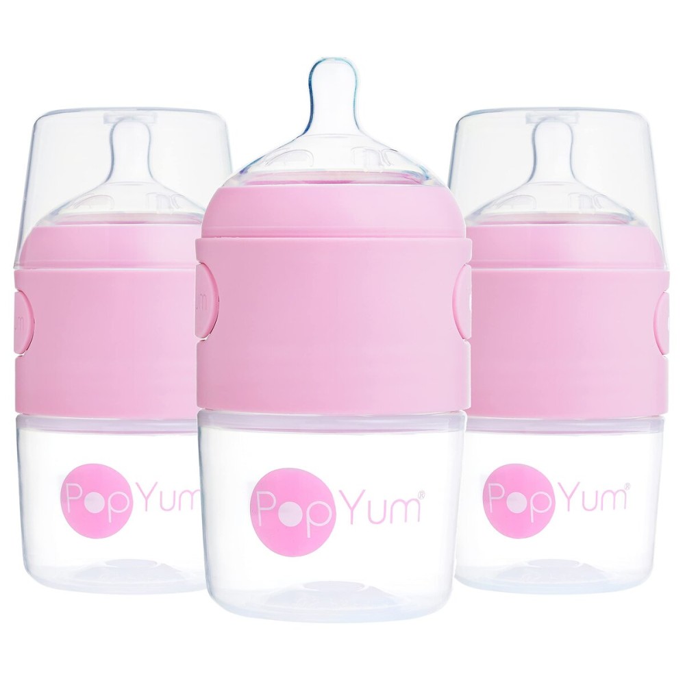 PopYum 5 oz Pink Anti-Colic Formula Making/Mixing/Dispenser Baby Bottles, 3-Pack with 1 Slow Flow Nipples, 150 ml, BPA-Free, Natural Latch