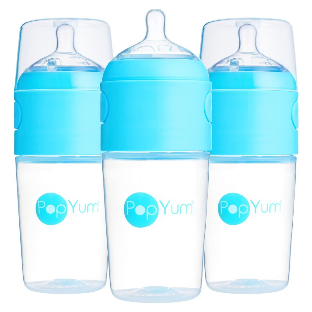 PopYum 9 oz Blue Anti-Colic Formula Making/Mixing/Dispenser Baby Bottles, 3-Pack with 2 Medium Flow Nipples, 260 ml, BPA-Free, Natural Latch