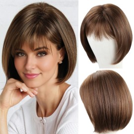 RENERSHOW Short Brown Bob Wigs for Women Brown Mixed Blonde Synthetic Wig with Bangs 10inch Average Size Natural Looking Daily Party Wig