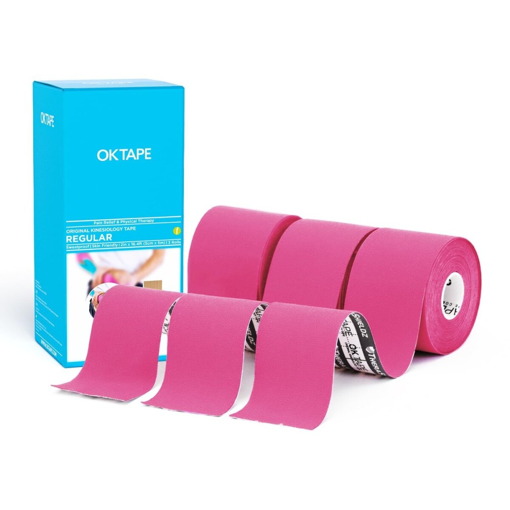 OK TAPE Regular Kinesiology Tape (3 Pack), Original Cotton Athletic Tape for Support Muscle Joint Knee, Sports Waterproof Tape Uncut Strips Latex Free, Hypoallergenic, 2in16.4ft - Pink