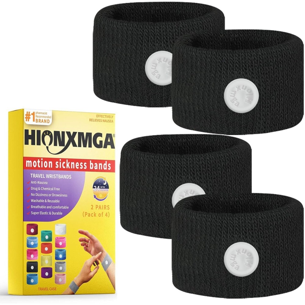 HIONXMGA 2 Pairs Motion Sickness Bands - Natural Anti Nausea Acupressure Wristbands for Morning & Motion Sickness Relief - Ideal for Car, Cruise & Flight Travel - for Adults and Kids