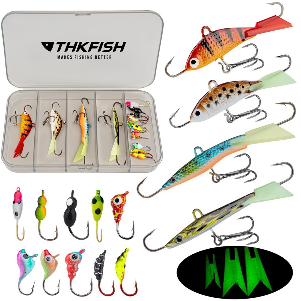 THKFISH Ice Fishing Jigs 14pcs Luminous Panfish Ice Fishing Lures Kit