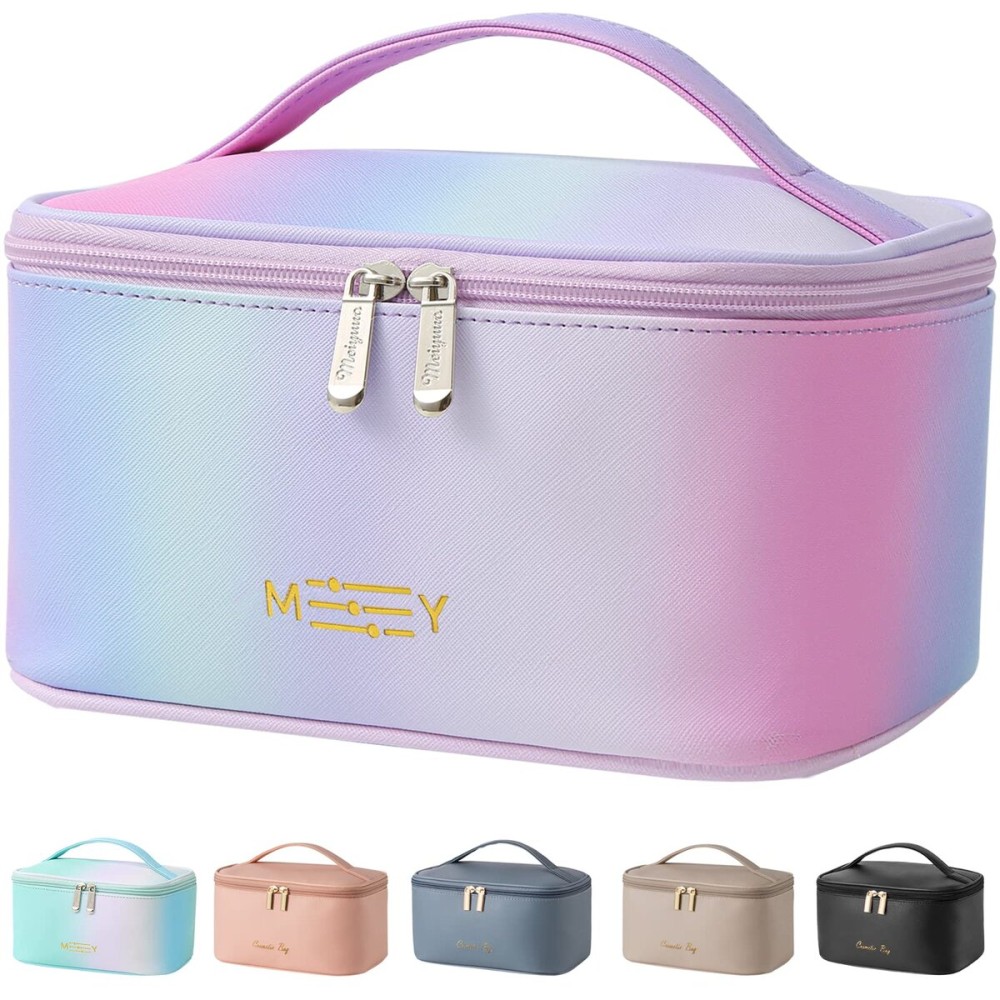 KITENROM Makeup Bag Portable Travel Cosmetic Bag with Brush HolderWaterproof Make Up Bag For Women with Handle Rainbow Gradient Pink