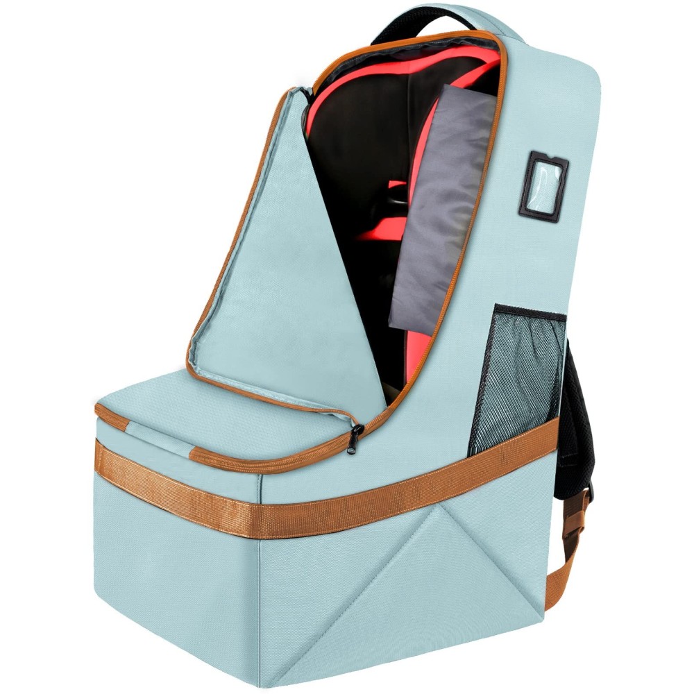 YOREPEK Padded Car Seat Travel Bag for Air Travel, Carseat Cover Backpack with Shoulder Straps, Large Carseat Gate Check Bag, Baby Travel Essential(Light Cyan)