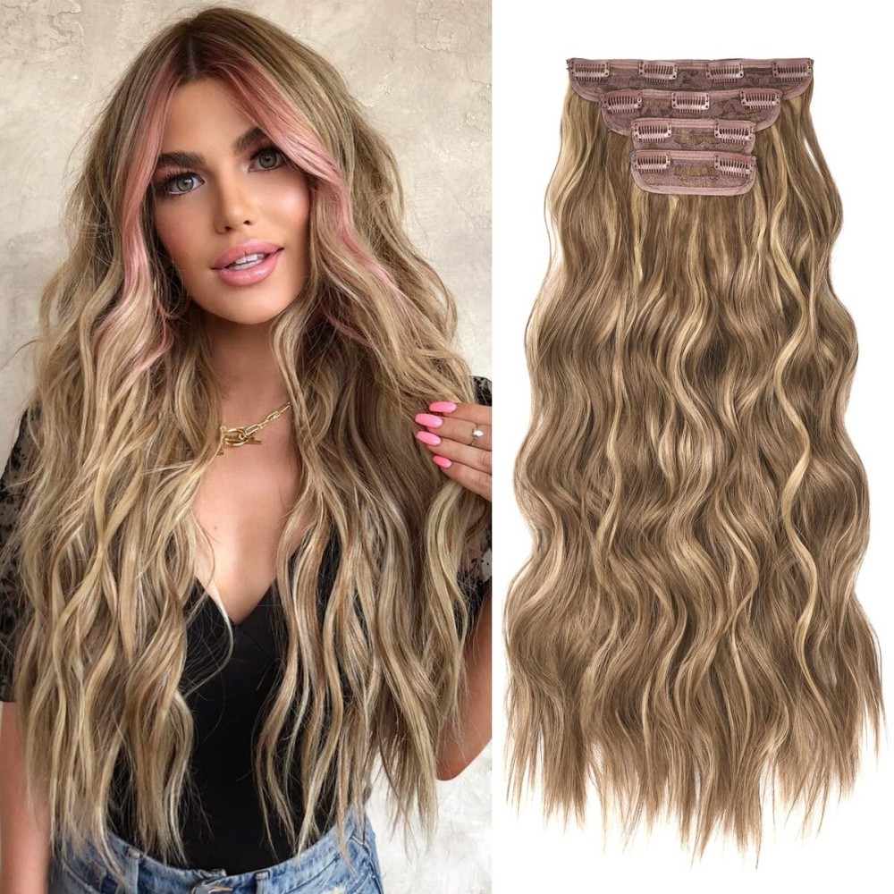 REECHO Hair Extensions, 4PCS Clip in Hair Extensions HE001 Natural Soft Synthetic Hairpieces for Women, Light Brown with Blonde Highlights