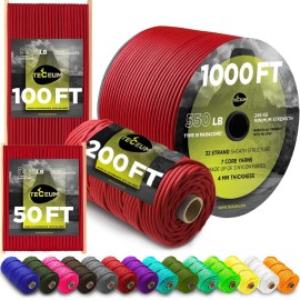 TECEUM Paracord Type III 550 Red (Fire) - 200 ft - 4mm - Tactical Rope MIL-SPEC - Outdoor para Cord -Camping Hiking Fishing Gear and Equipment - EDC Parachute Cord - Strong Survival Rope