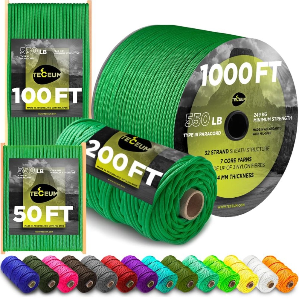 TECEUM Paracord Type III 550 Green - 50 ft - 4mm - Tactical Rope MIL-SPEC - Outdoor para Cord -Camping Hiking Fishing Gear and Equipment - EDC Parachute Cord - Strong Survival Rope