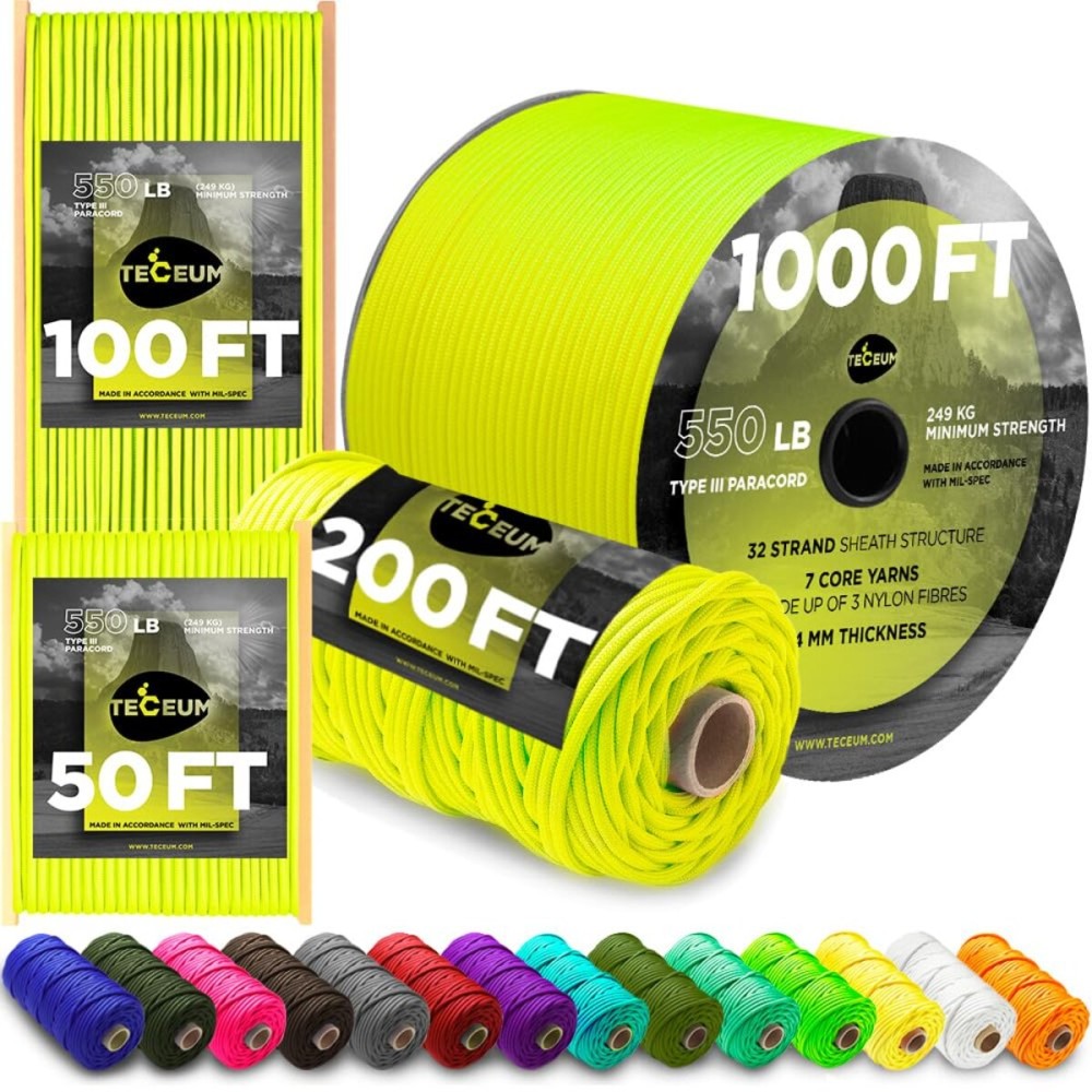 TECEUM Paracord Type III 550 Sofit Yellow - 50 ft - 4mm - Tactical Rope MIL-SPEC - Outdoor para Cord -Camping Hiking Fishing Gear and Equipment - EDC Parachute Cord - Strong Survival Rope