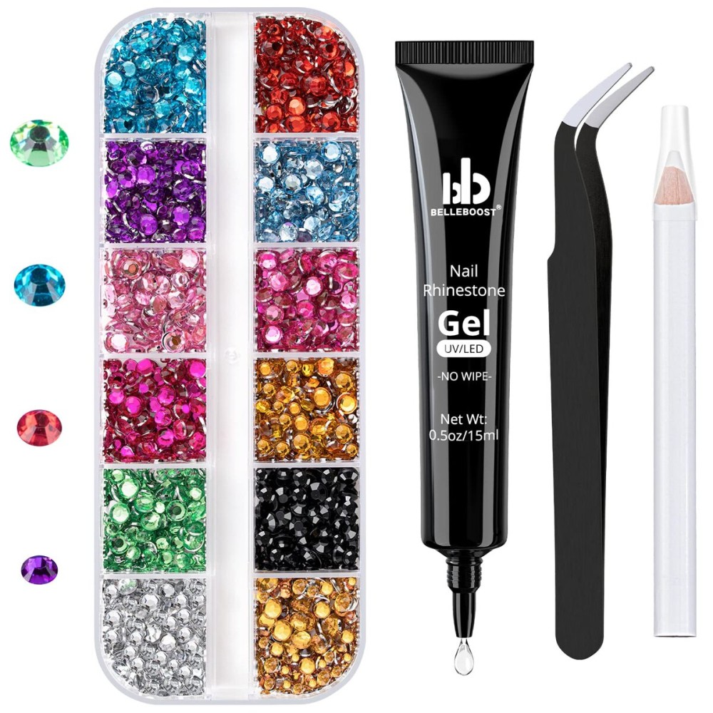 Nail Art Rhinestone Glue Gel&Flatback Gems Accessories Kit, 1 Tube of 15ml Rhinestone Gel Glue(UV/LED Needed)+1 Box of Flat-Back Round Mixed Color Gemstones with Pickup Pencil and Tweezer